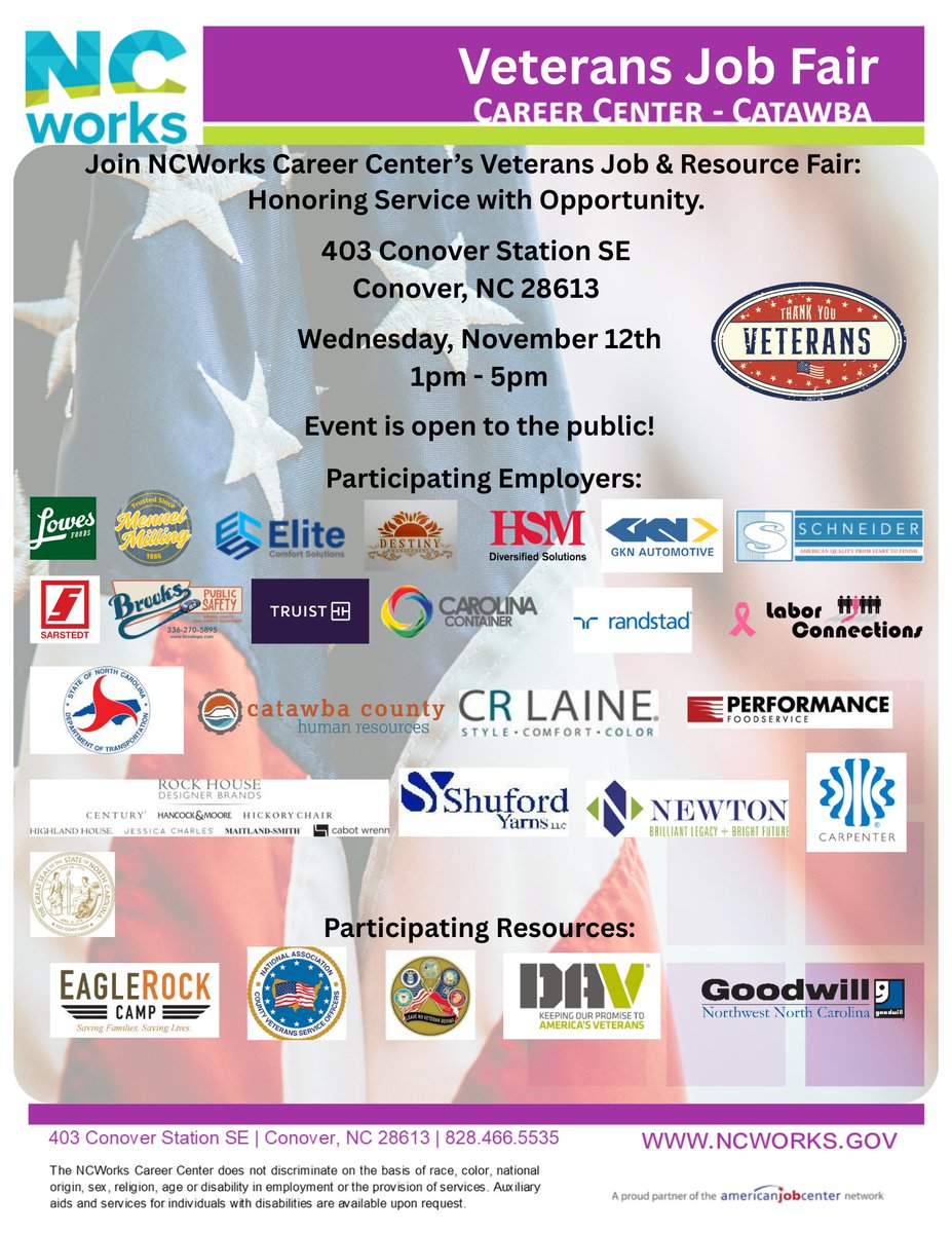 WPWorkforceDev's tweet image. 🇺🇸 Veterans Job & Resource Fair! 🇺🇸
📅 Nov. 12 | 1–5PM
📍 403 Conover Station SE, Conover, NC
Meet local employers + connect to veteran resources.
FREE & open to the public!
#Veterans #NCWorks #HiringEvent