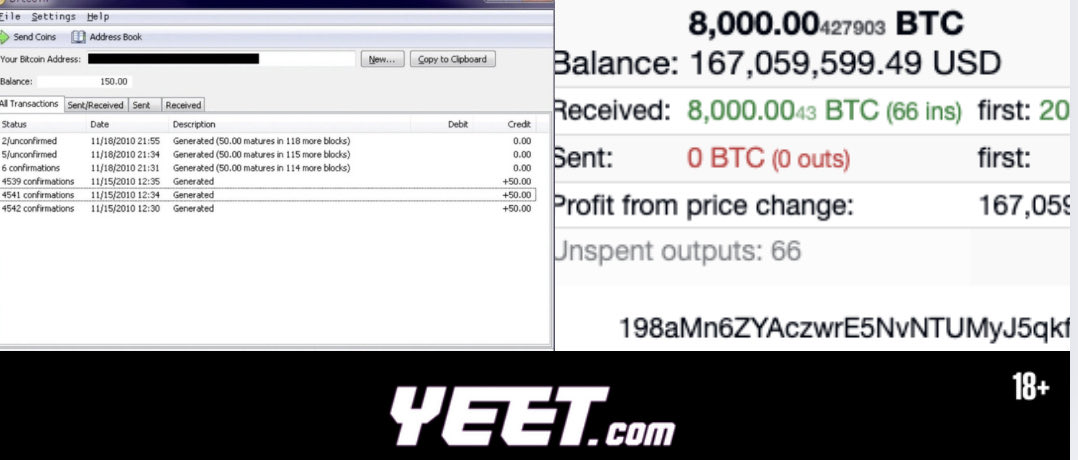 Screenshot of a dormant Bitcoin wallet interface showing massive BTC balance and YEET.com promotion