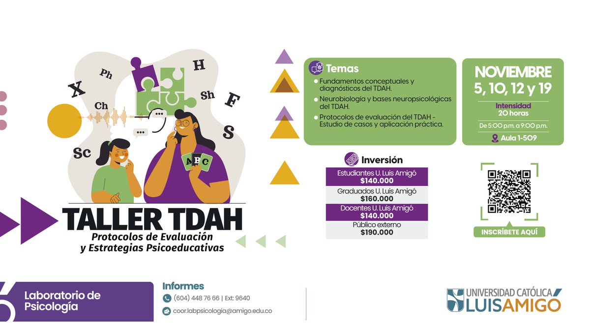 Te invitamos al Taller TDAH: Protocolos de Evaluación y Estrategias Psicoeducativas, un espacio de formación para fortalecer tus competencias en el abordaje y evaluación del TDAH.

📲 ¡Inscríbete y actualiza tus conocimientos! 👉 cutt.ly/gr4zevuS

 #Psicología #ULuisAmigó