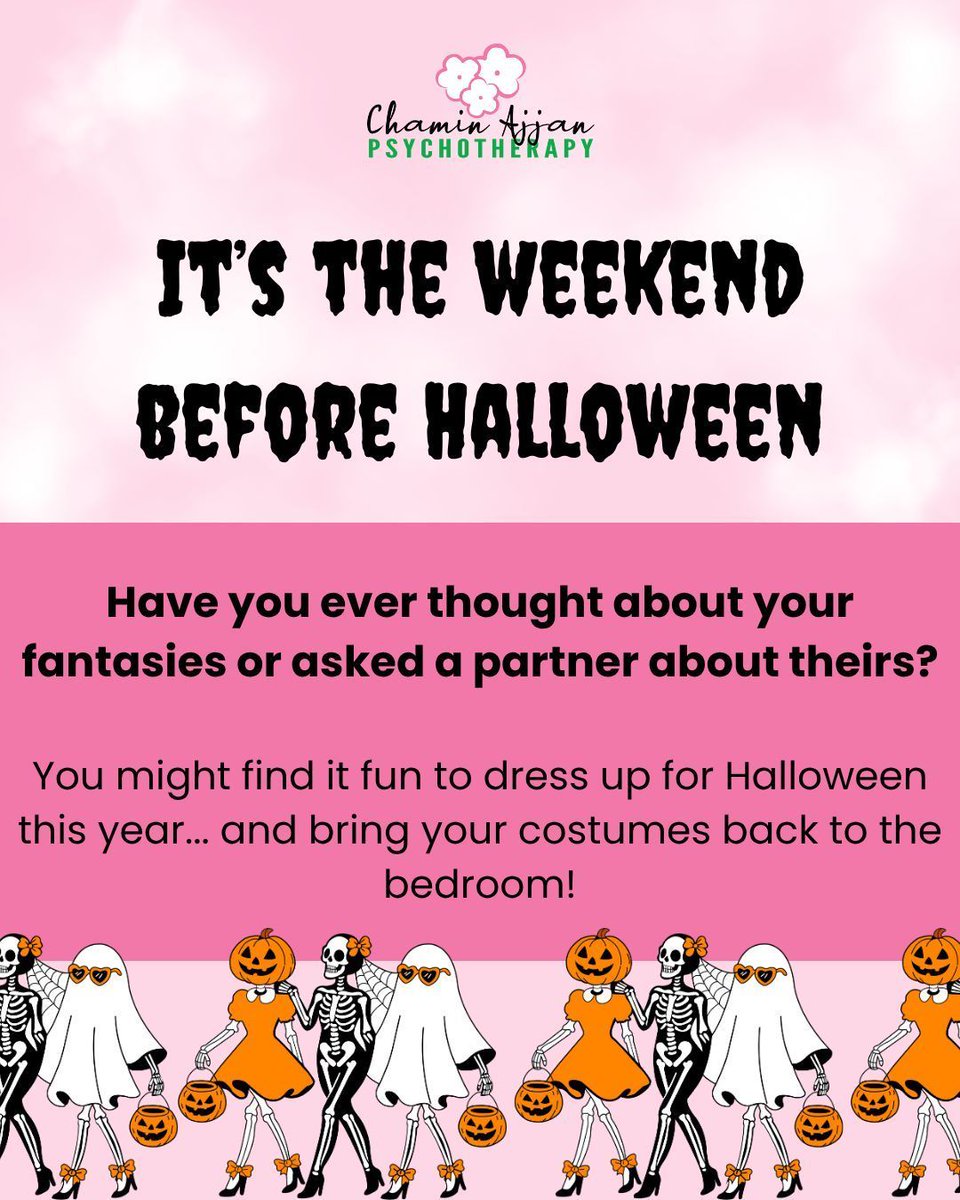 It's almost Halloween!

Talking about fantasies with your partner(s) can be an exciting way to liven up your s3x life. Today could be a great day to bring your costumes back to the bedroom.

#Halloween #Costumes #RolePlay #CouplesTherapy #ChaminAjjanPsychotherapy