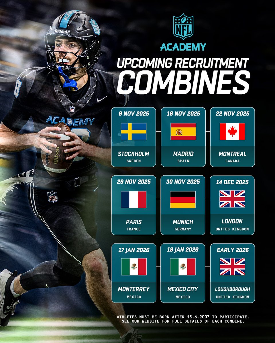 The NFL Academy Combine Calendar 🗓️

Are you smart, fast and physical? We’re touring across seven countries to find the best ballers ready to become the next Academy men 🗺️

Follow the link below and register now:
nflacademy.com/nfl-academy-eu…

Registration for each combine will close