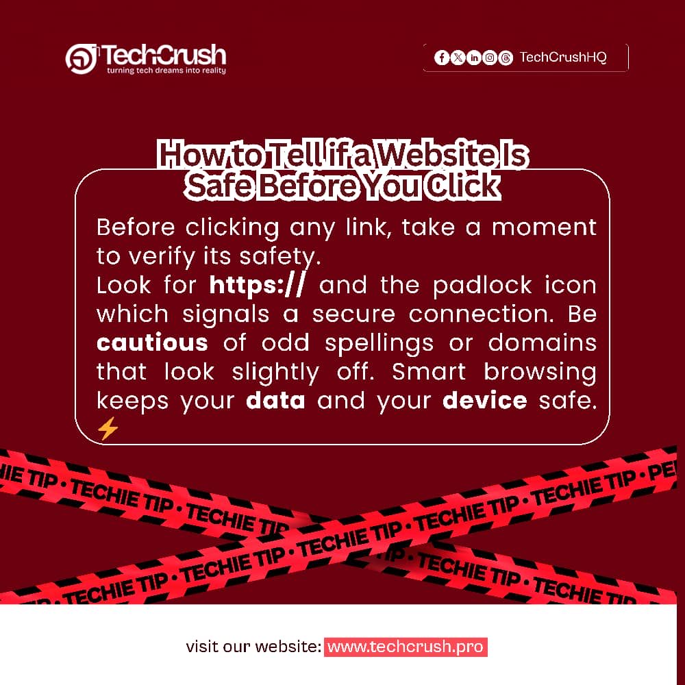 TechCrushHQ's tweet image. Not every link deserves your trust, some just want your data. 😉🔒
Double-check that URL like you double-check your bank alerts, one careless click can cost you more than you think.