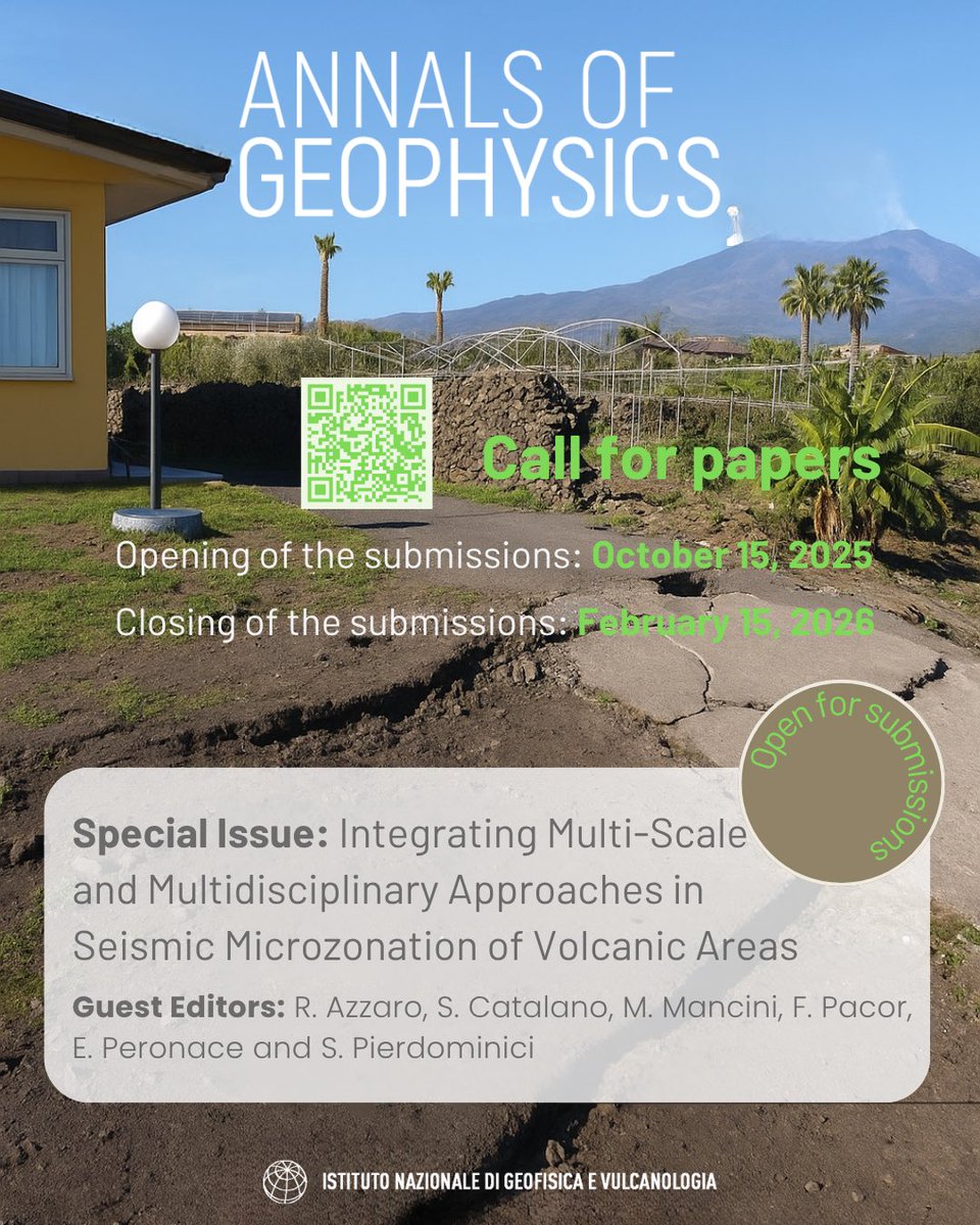 Call for papers! #AnnalsofGeophysics
This Special Issue welcomes studies on integrated, multidisciplinary, and multi-scale approaches to active volcanic environments — from seismic hazard assessment to geological modeling for better risk mitigation.

#Volcanology #SeismicHazard