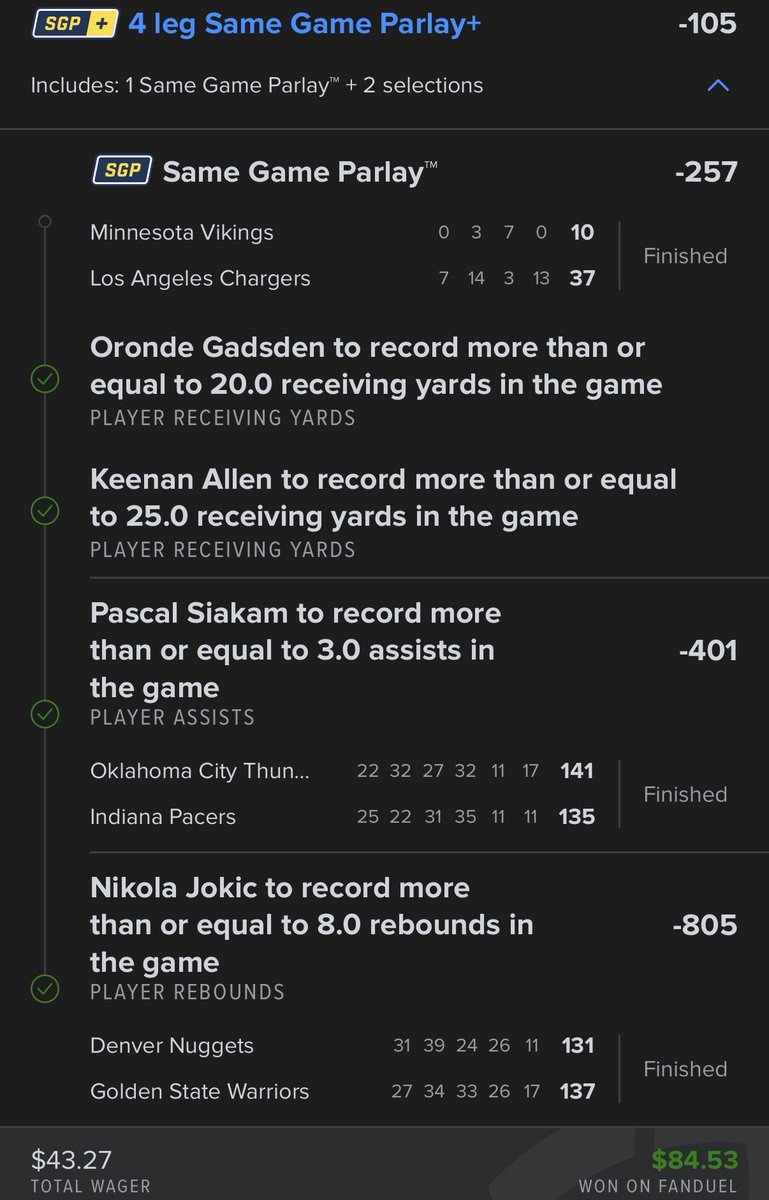 CASH DAY 3 OF THE LADDER CHALLENGE 🪜

$43.27 👉🏽 $84.53💰

Blow this up for day 4️⃣

Use code NBA for 50% off
🔗whop.com/JBBets/
🔗dubclub.win/r/JBsPlays

Gadsden 20+ rec yards✅
Keenan Allen 25+ Rec yards✅
Siakam 3+ Assists✅
Jokic 8+ Reb✅
#NBAX   #gamblingx #PrizePicks