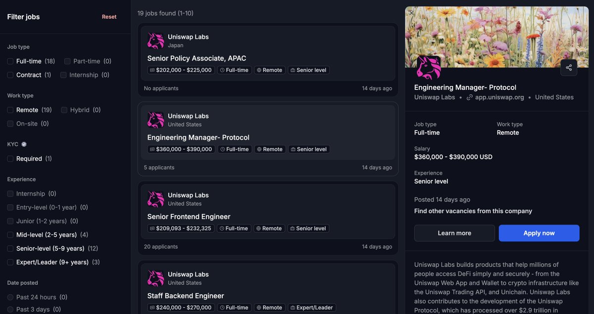 Thrilled to welcome <a href="/Uniswap/">Uniswap Labs 🦄</a> and <a href="/UniswapFND/">Uniswap Foundation</a> to Cyfrin Jobs!

19 roles are now available, including
- Engineering Manager- Protocol
- Staff Backend Engineer
- Senior Design Lead
- Senior Smart Contract Engineer
- Senior Engineer - v4 Hooks

Help build the world’s leading DEX.

👇