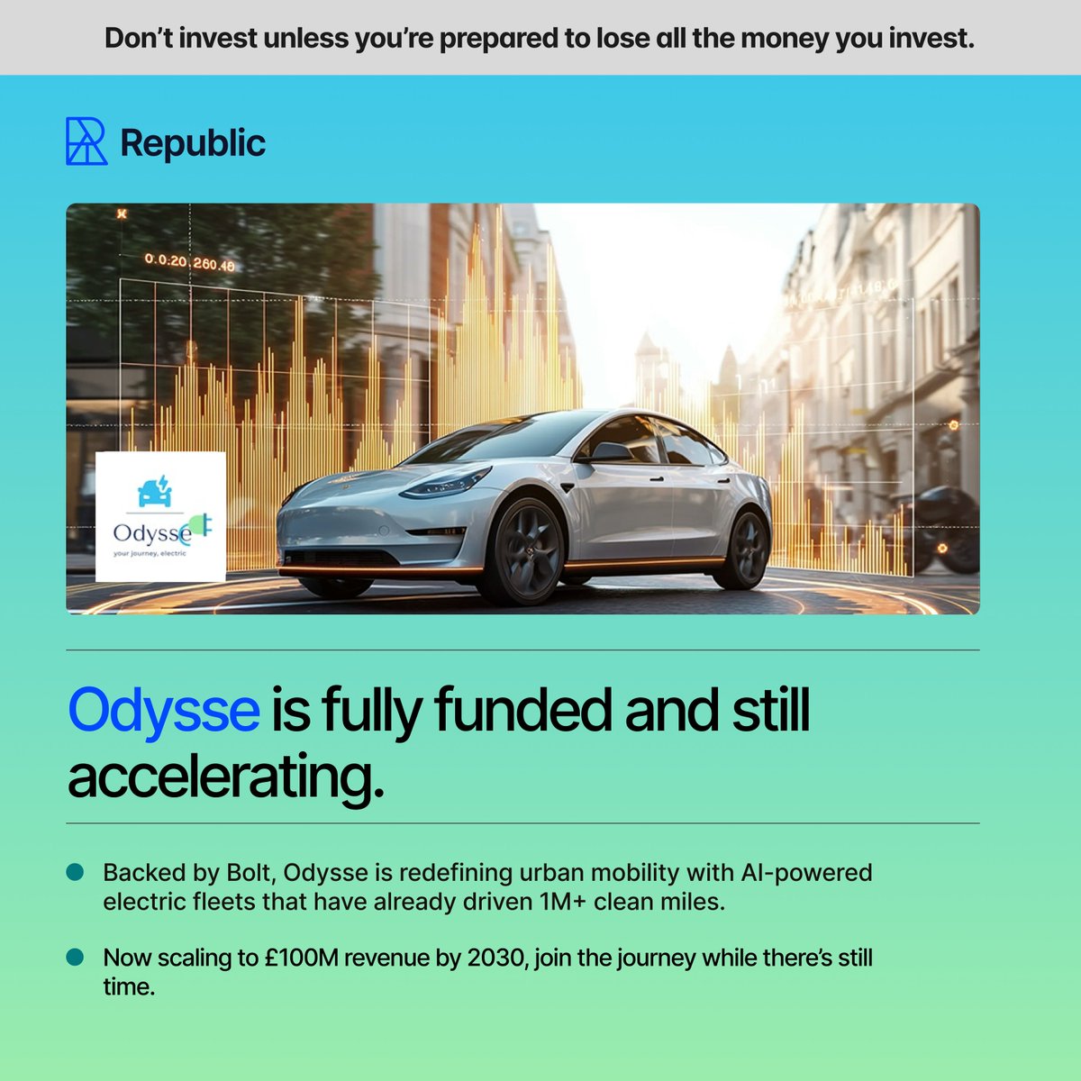 ⚡ Odysse is fully funded and accelerating toward a cleaner, smarter future of mobility.

Backed by Bolt, they’ve driven 1M+ clean miles and are scaling toward £100M revenue by 2030.

👉 Join the journey: europe.republic.com/odysse
