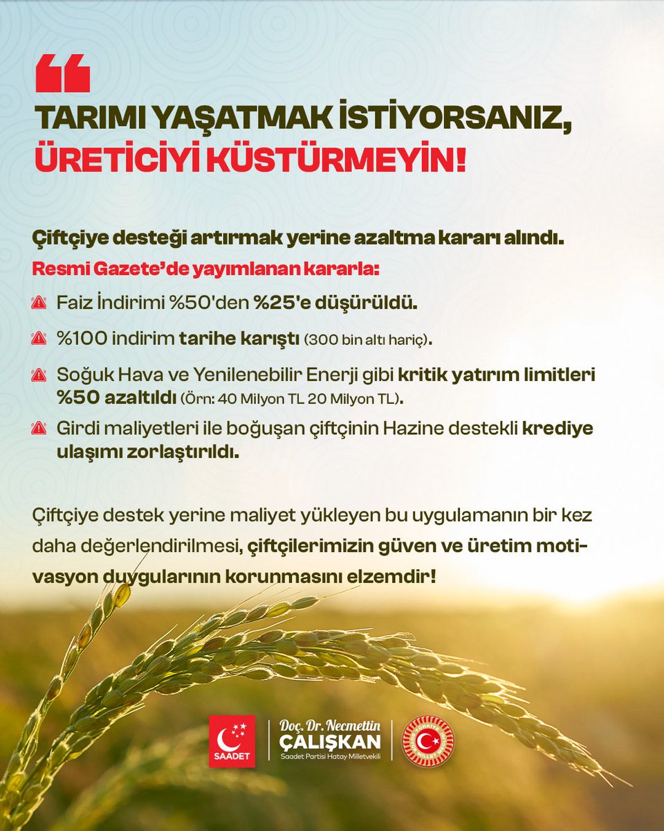 Sübvansiyonlu kredi faizlerindeki fahiş artış, üreticinin moralini değil sadece borcunu büyütür. Çiftçiye destek değil, yük bindiren bu karardan dönülmelidir!

Üreten elleri küstürmeyin, köyleri yeniden umut haline getirin!