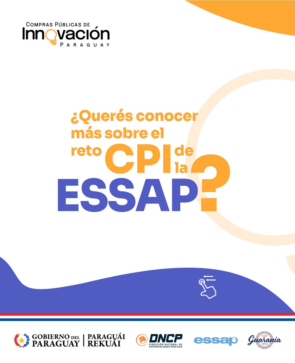 dncp_py's tweet image. 💡 La @EssapSA apuesta por las ideas innovadoras.
Queremos que la Compra Pública de Innovación sea el camino para encontrar una solución a las pérdidas comerciales de agua. 💧
Si querés enterarte más sobre el reto ingresá a
🔗 bit.ly/CPI-DNCP