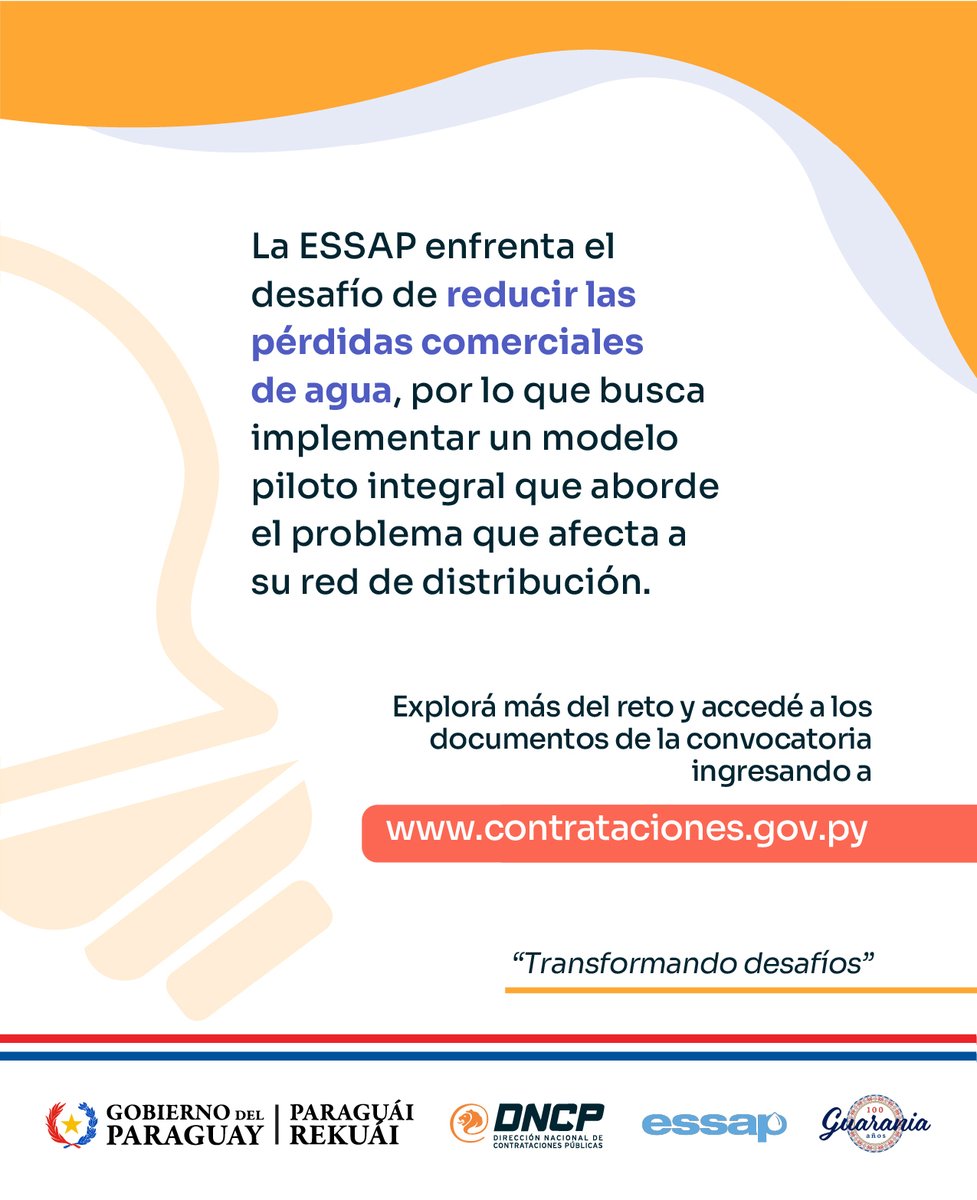 dncp_py's tweet image. 💡 La @EssapSA apuesta por las ideas innovadoras.
Queremos que la Compra Pública de Innovación sea el camino para encontrar una solución a las pérdidas comerciales de agua. 💧
Si querés enterarte más sobre el reto ingresá a
🔗 bit.ly/CPI-DNCP