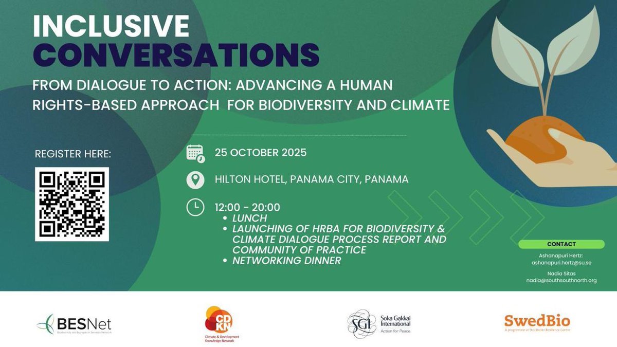 BESNet_UNDP's tweet image. ⏳ Just one day to go! Meet @Swedbio and partners in Panama for From Dialogue to Action.

Aligned with #SBSTTA27 and #SB8J, the event will launch the #HRBA report + Community of Practice on PANORAMA Solutions.
📍 Hilton, Panama
🔗 Register to participate: docs.google.com/forms/d/e/1FAI…