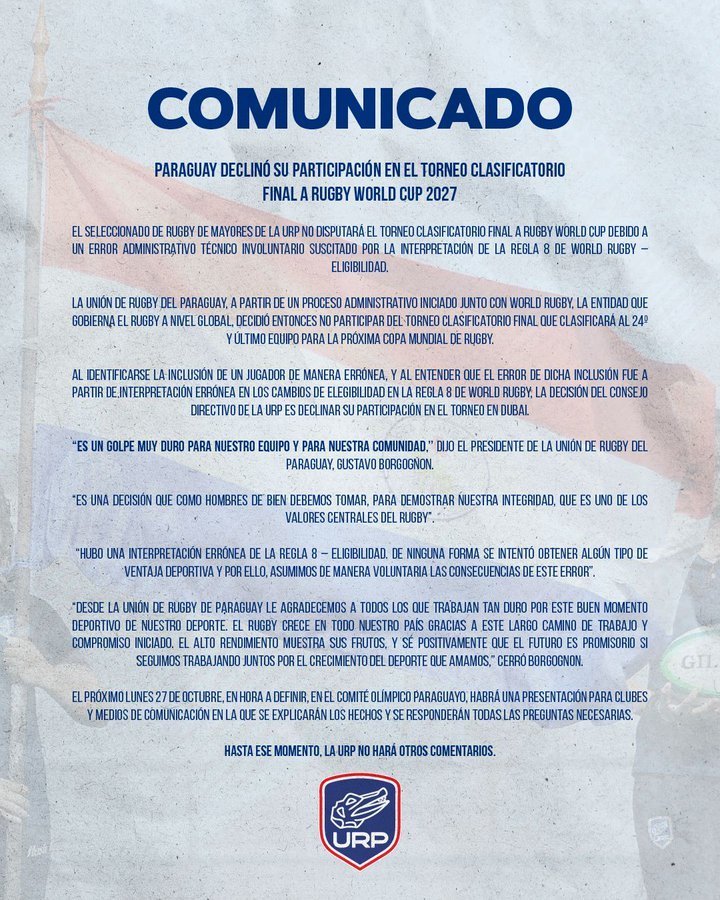 RutgerBlume's tweet image. El comunicado de Unión de Rugby de Paraguay, confirmando que no disputarán el repechaje de clasificación para Australia 2027.

El motivo, de sobra conocido en España...