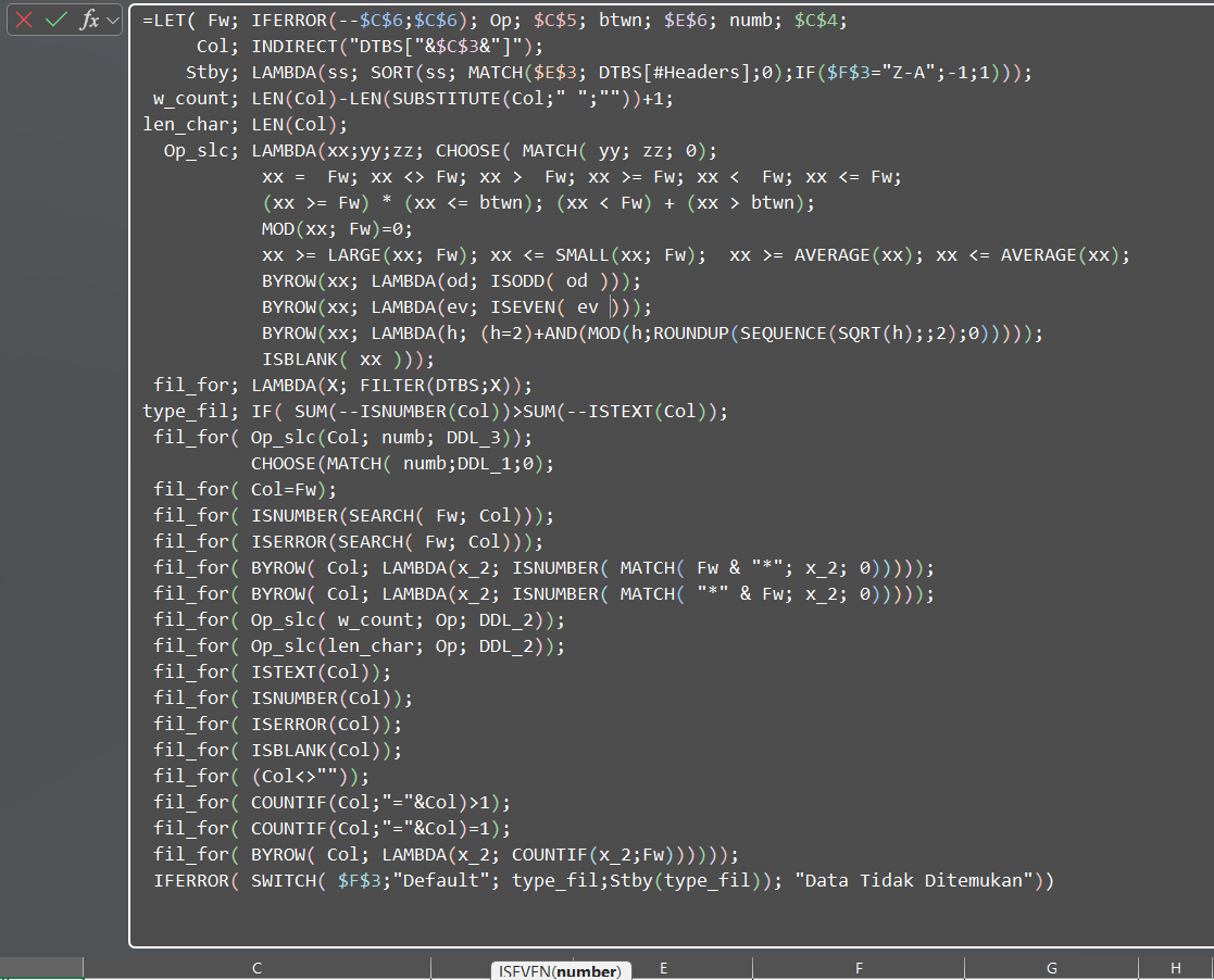 TanyaJawabExcel's tweet image. LET & LAMBDA = 1 paket utk bikin formula kompleks
LET → nyimpen nilai/rumus ke “variabel” biar gampang dipanggil ulang, hasilnya rapi & cepat.
LAMBDA → bikin mini-fungsi di dalam formula (misal Op_slc, fil_for), bisa dipanggil berulang tanpa mengetik rumus yg panjang