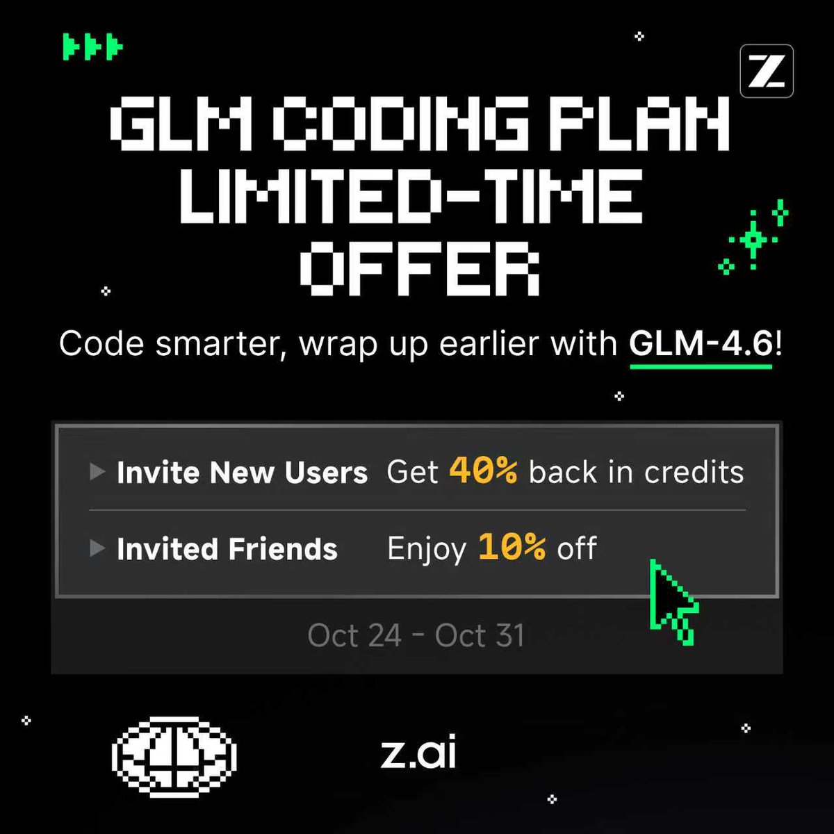 Zai_org's tweet image. To celebrate 10·24 Programmer’s Day, we’re boosting GLM Coding Plan referral bonus from 10% to 40%, valid from October 24–31.
Learn more or join here: z.ai/subscribe
Existing offers will continue to be available:
- 50% off for new users on their first order
- 10% off…