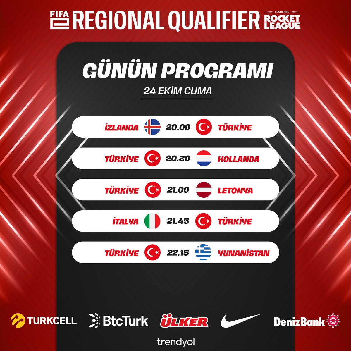 Rocket League eMillî Takımımız, <a href="/FIFAe/">FIFAe</a> Dünya Kupası Avrupa Elemeleri’nde bugün 2. Gün maçlarına çıkıyor! Başarılar #BizimÇocuklar 🇹🇷

📺 Tüm maçları TFF YouTube Kanalından canlı olarak izleyebilirsiniz.