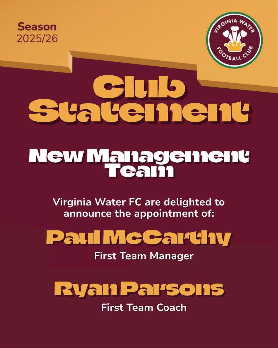 vwfcofficial's tweet photo. Club Statement❗️

Virginia Water FC are delighted to announce the appointment of Paul McCarthy and Ryan Parsons! 🤝

Paul will take charge for tomorrow's clash against Ardley United.

Welcome to the Waters Paul and Ryan!♥️💦

#UpTheWaters! #VWFC #Grassroots #NonLeagueFootball https://t.co/GWevYX6Z5e