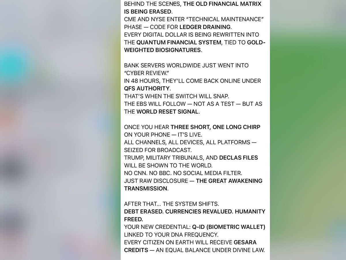 Maryzeggenze's tweet image. Nu wachten op EBS🙏🙏😂😂🔥🔥
AT 23:11 ZULU, OCT 24TH 2025, THE QUANTUM SIGNAL FIRED FROM CHEYENNE MOUNTAIN COMPLEX.
TRUMP’S GO-CODE ALPHA-77 WENT LIVE THROUGH THE QFS CORE NODE.
NO MEDIA. NO PRESS. NO ANNOUNCEMENTS.👇👇