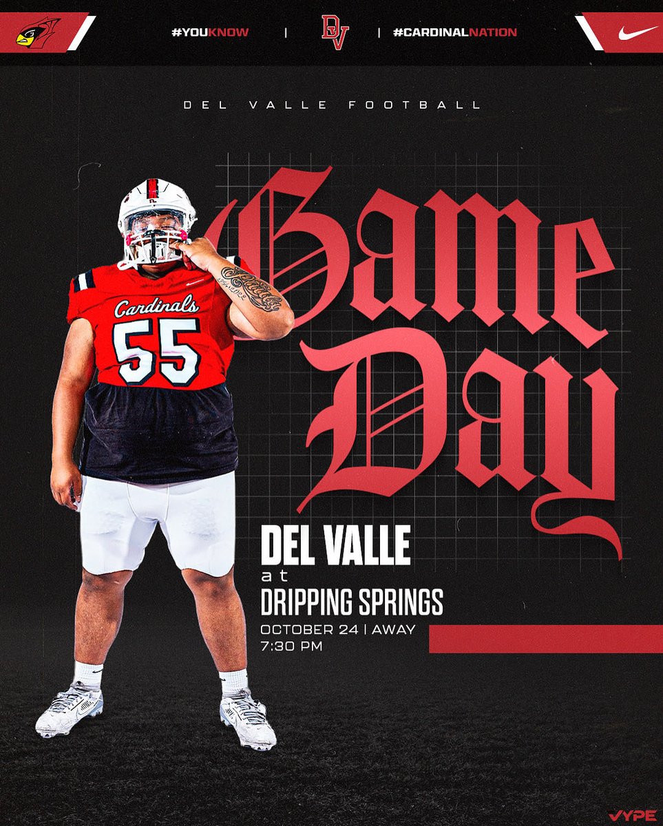 dvisd_athletics's tweet photo. GAMEDAY. DISTRICT ROAD BATTLE. 
The DV Cardinals takes the show on the road to Dripping Springs tonight!
This one matters. Energy travels. 

⏰ Kickoff: 7:30 PM (Tentative)
📍 Dripping Springs HS

Bring the passion. .
 Cardinal Nation shows up everywhere.
#DVYK #Cul1ure https://t.co/ePIJ1F3t9A