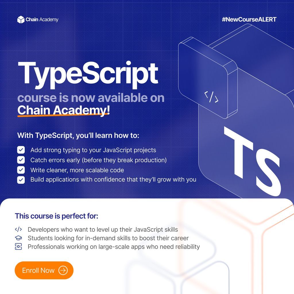 chainacademy_'s tweet image. Our TypeScript course is LIVE on Chain Academy!
If you love JavaScript but hate bugs & messy code — TypeScript is your new superpower.
👉 Enroll now: learn.chain-academy.io/courses/typesc…
🎁 Launch Special: Enroll now for $32 (limited time!)
#LearnToCode #ChainAcademy #LimitlessLearning