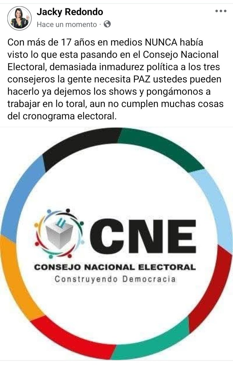 Con más de 17 años en medios NUNCA había visto lo que esta pasando en el Consejo Nacional Electoral, demasiada inmadurez política a los tres consejeros la gente necesita PAZ ustedes pueden hacerlo ya dejemos los shows y pongámonos a trabajar, aun no cumplen muchas cosas.
