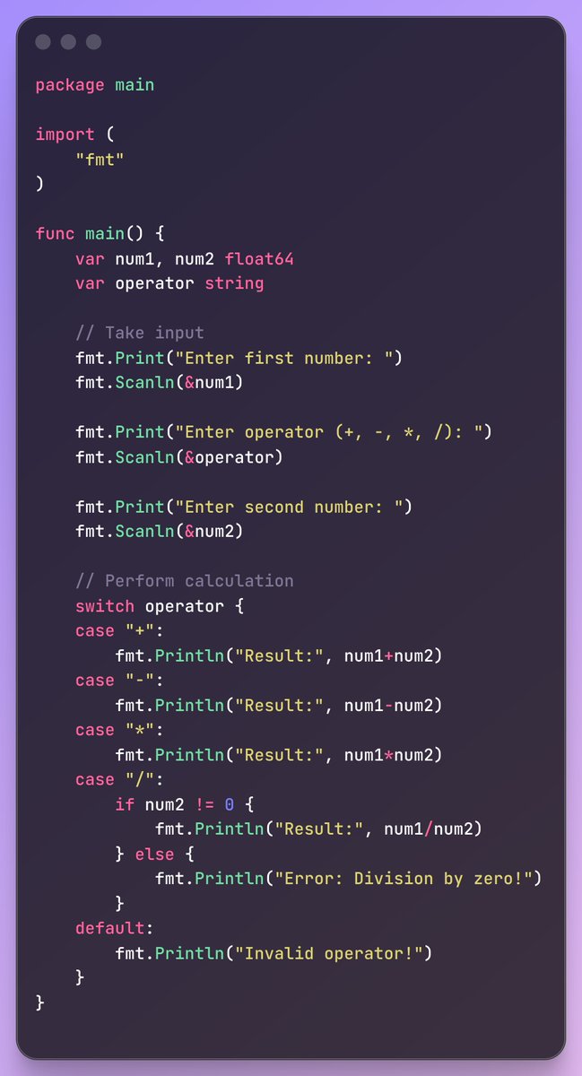witthh_jayy's tweet image. Day 2 of #100DaysOfCode is a wrap!
Deep dive into Go's core: mastered errors, understood slicing, and implemented loops. Used it all to build my first simple calculator project. Learning with @wagslane ! On to Day 3. #golang #programming #buildinginpublic