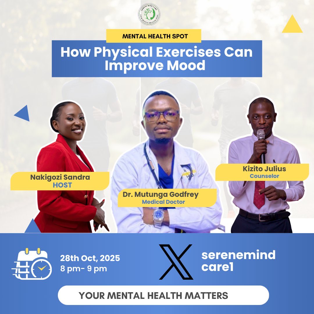 Physical activity isn’t just good for our  body… it’s also  powerful for the mind!
Join us this 28th Oct (8–9pm) on Mental Health Spot as we explore How Physical Exercises Can Improve Mood.
#MentalHealthAwareness #Wellness #SereneMindCare