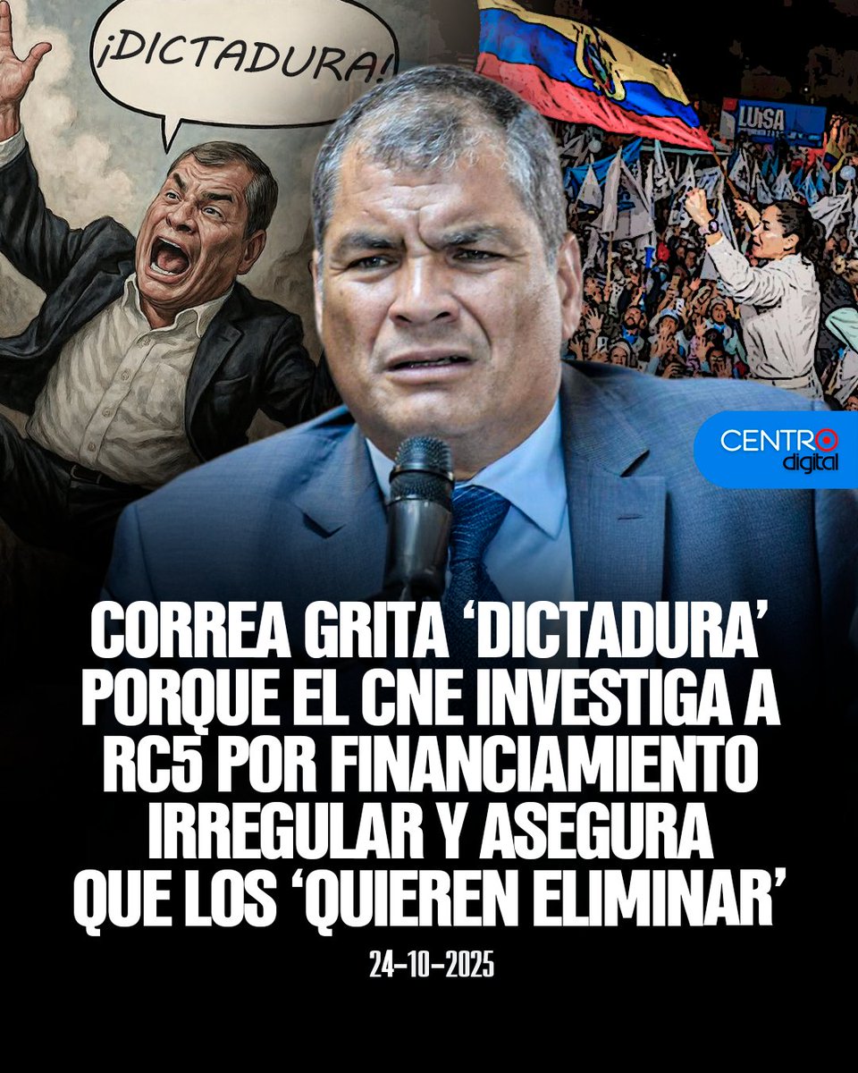 radiocentroec's tweet image. #ATENCION | @MashiRafael volvió a desempolvar su vieja bandera de “dictadura”. Esta vez, para denunciar en su cuenta de X que quieren eliminar a su movimiento RC5, luego de que el CNE presentara una denuncia ante el TCE por presuntas irregularidades de financiamiento en la…