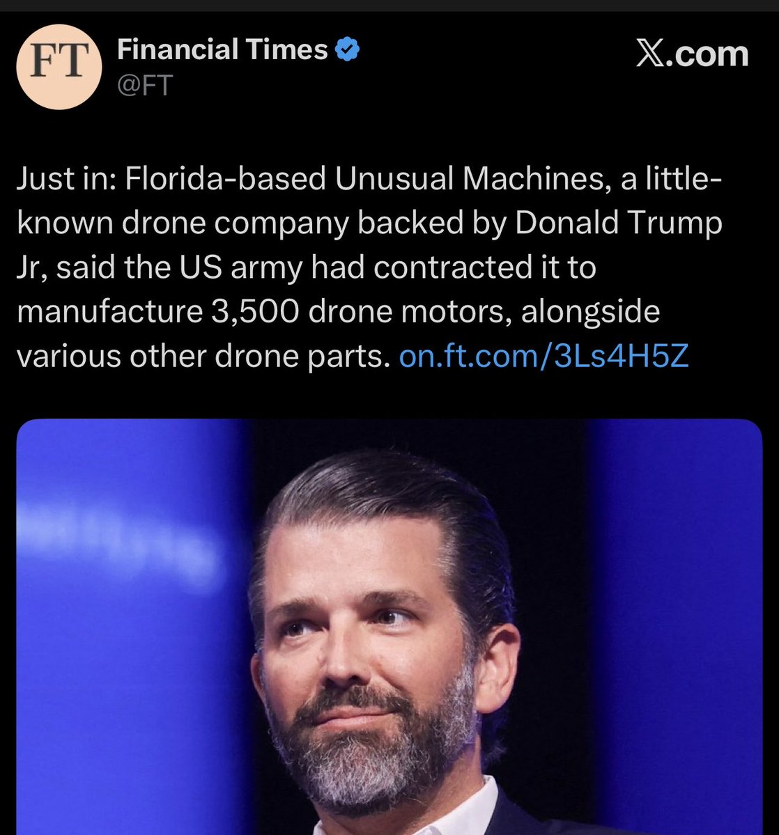 RonFilipkowski's tweet image. The company brought Junior in right after the election as part owner. They just won the largest drone motor contract awarded by the Pentagon.