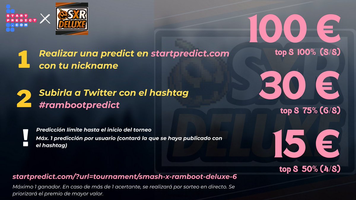 Acierta el TOP8 y llévate 100€!
Smash X Ramboot en Valencia. Torneazo. 

Para dar más hype, pongo de mi bolsillo el premio para la persona que consiga acertar desde la mitad del top 8 hasta el 100%. 

Link en el primer comentario! 

Va, que con Sisqui tenéis ya 1/8 😝🧙‍♂️🔮