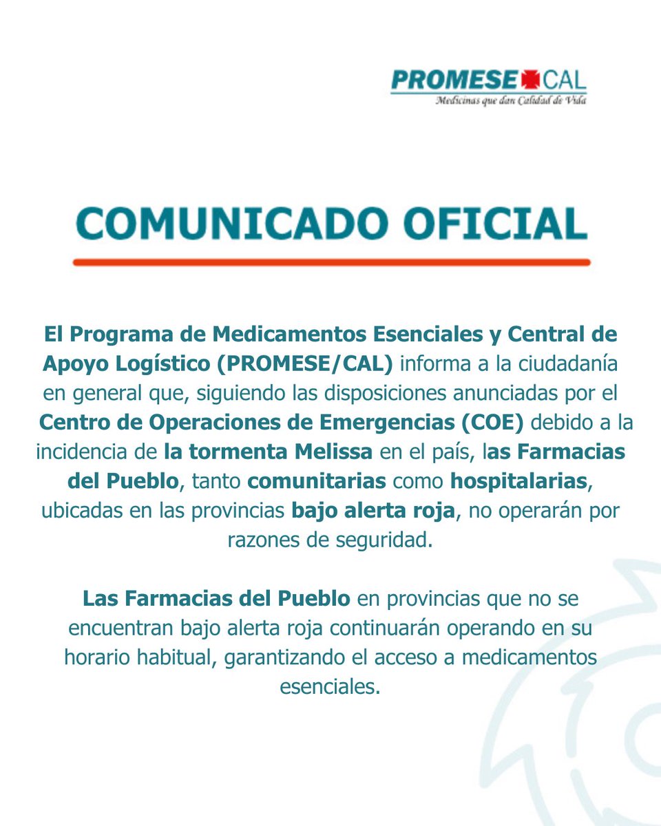 PromesecalRD's tweet image. Si necesitas medicamentos, verifica antes la situación de tu provincia 🗺️⚠️
Nuestras farmacias continúan apoyándote donde no haya alerta roja 💊
Cuídate y evita desplazamientos si hay riesgo 🚫🌧️
#PromeseCal