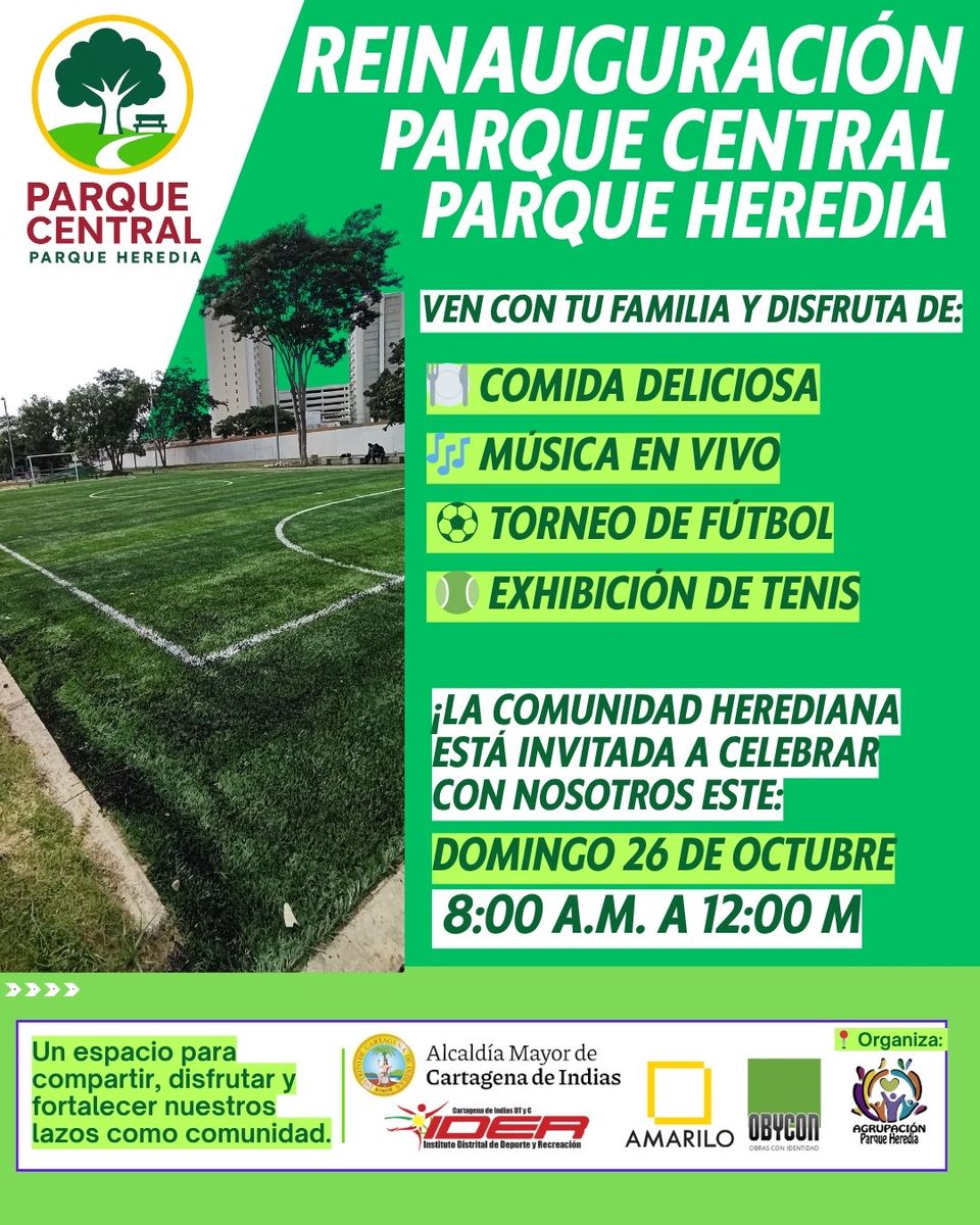#AgrupaciónInforma 🎉 ¡Parque Heredia está de fiesta! 📷 Gracias a CASPH y al apoyo de la Alcaldía, IDER y Espacio Público, recuperamos nuestro Parque Central 📷📷. Te esperamos este domingo 26/10 de 8 a.m. a 12 m con comida 📷, música 📷📷 ⚽🎾🤗