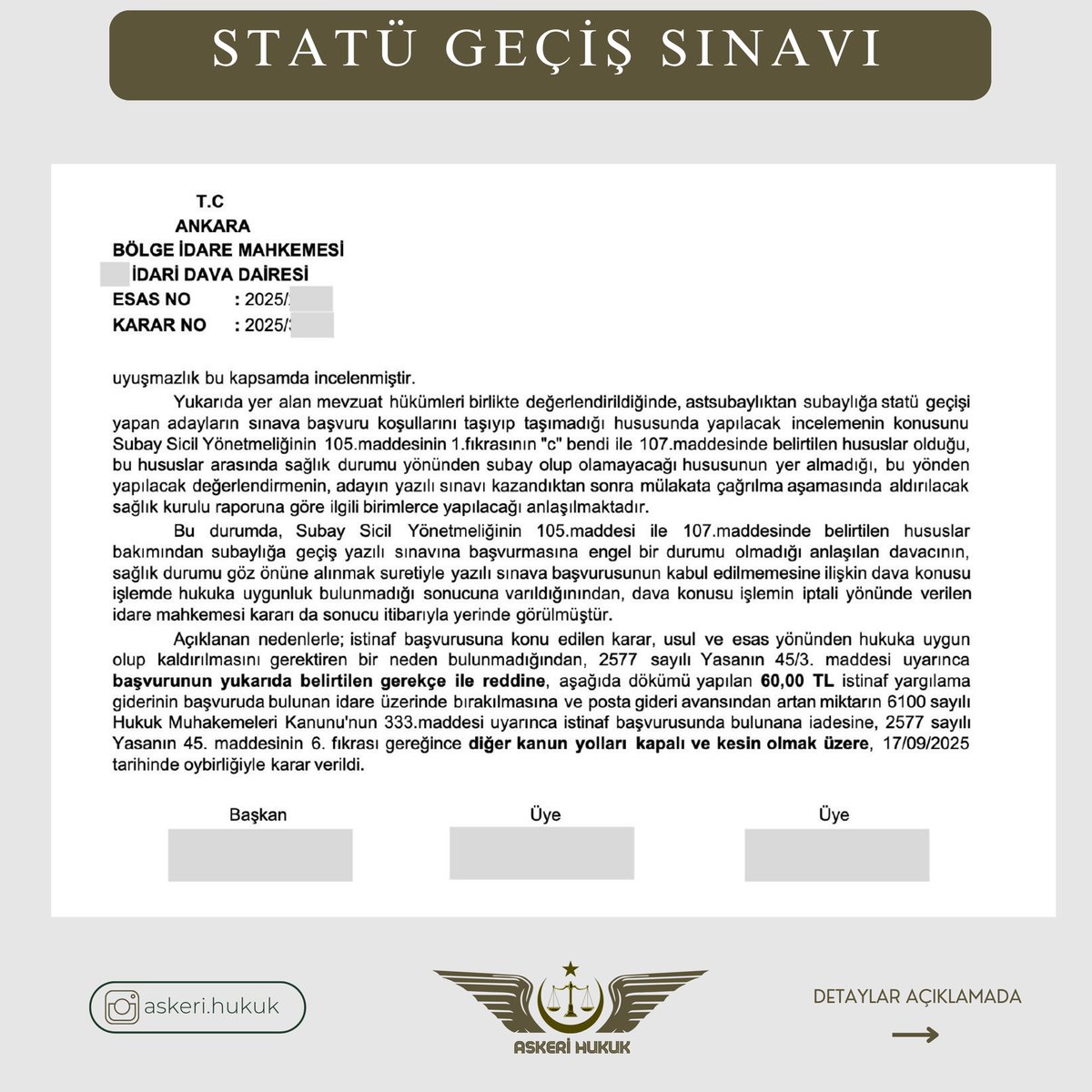 AskeriHukuk's tweet photo. Kara Kuvvetleri Komutanlığı bünyesinde görev yapan Astsubay personel hakkında tesis edilen “statü geçiş sınavına kabul edilmeme” işlemi KESİN olarak iptal edilmiştir. https://t.co/rxFrv746hi