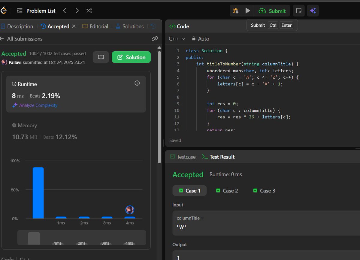 pallavicodes's tweet image. Day 74 of #100daysofCode
Solved: (LeetCode 171) Excel Sheet Column Number 
#LeetCode #cpp