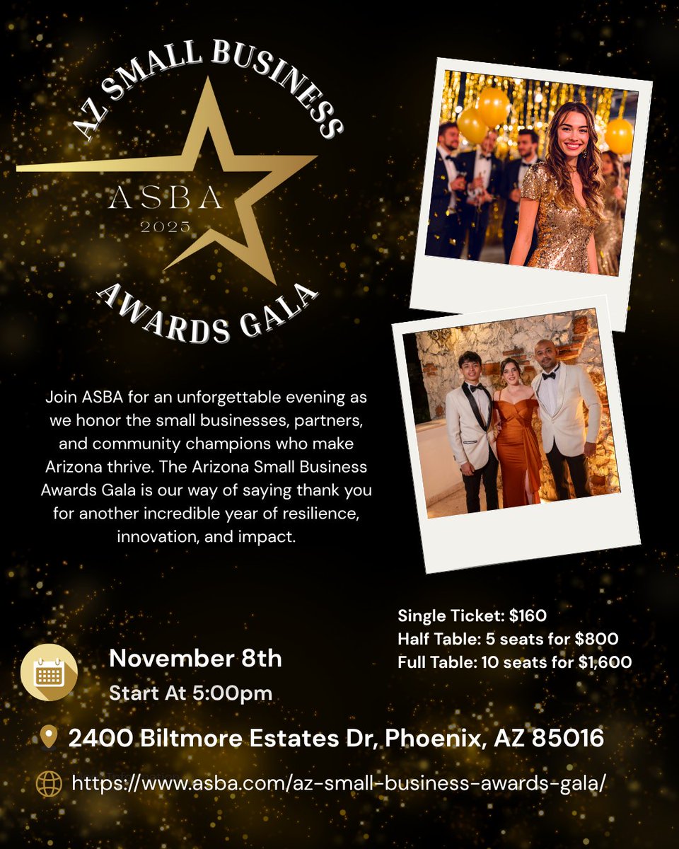 The countdown is on! We're just a few weeks away from the AZ Small Business Awards Gala!

Join us on November 8th for an unforgettable evening celebrating the small businesses, partners, and community champions that make Arizona thrive: asba.com/az-small-busin…