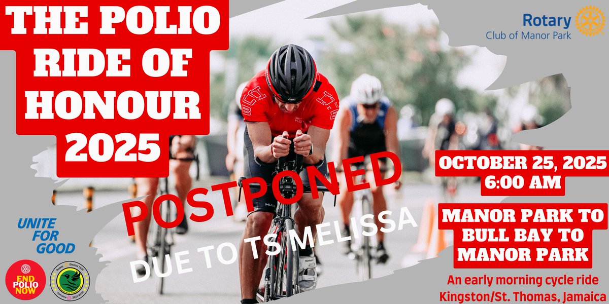 THE POLIO RIDE OF HONOUR

Due to the threat of TS Melissa and out of an abundance of caution, THE POLIO RIDE OF HONOUR has been POSTPONED.

The new date will be announced in early November 2025.

#UniteForGood
#PeopleOfAction
#ServiceAboveSelf
#EndPolioNow