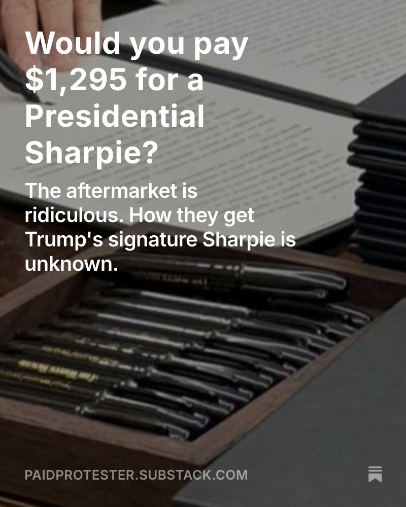 paidprotestr's tweet image. paidprotester.substack.com/p/would-you-pa…
Nobody wants to talk about how Trump gets his custom-made, gold signature, all black Sharpies. Not Trump. Not Sharpie. But eBay sellers have found a way to get them.
#SharpieMystery now joins #SharpieGate #Trump #Sharpie #eBay #reseller #signature