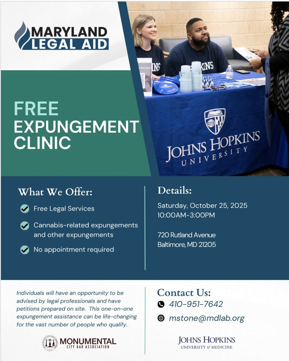 Expungement clinic with @mdlegalaid happening TOMORROW! 🔥

🗓️ October 25th
📍720 Rutland Ave. 
🕙 10am to 3pm