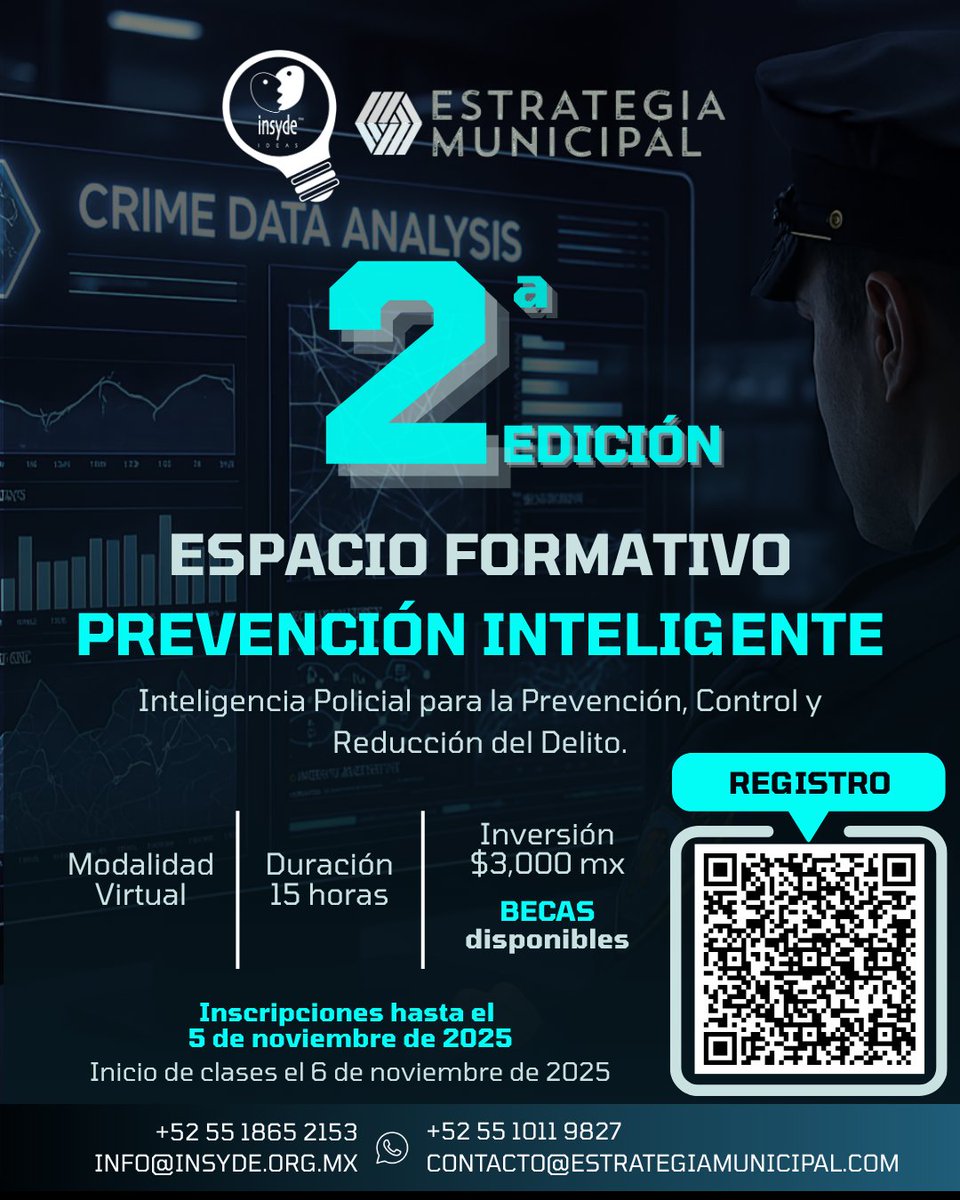 🚔✨ ¡Buenas noticias!
Ampliamos el plazo de inscripción a Prevención Inteligente: Espacio Formativo en Inteligencia Policial para la Prevención, Control y Reducción del Delito.
Ahora tienes más tiempo para asegurar tu lugar y fortalecer tus capacidades con expertos de México,