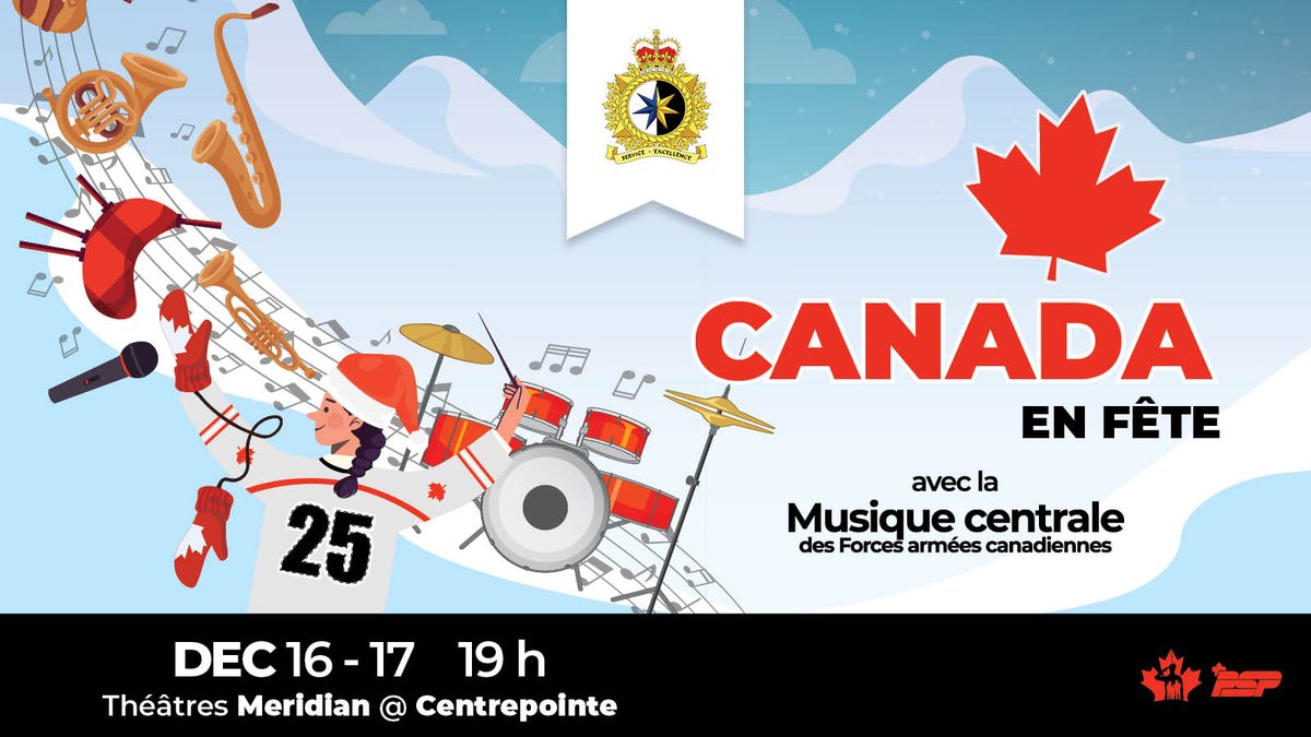 📣Réservez la date ! 🎶🇨🇦 Canada en fête avec la Musique centrale des Forces armées canadiennes en décembre ! 🗓️16 et 17 décembre 📍Théâtres Meridian @ Centrepointe, Ottawa.
🎟️Les billets seront mis en vente le lundi 27 octobre à 10 h.
➡️ sbmfc.ca/rcn/concert-fe…