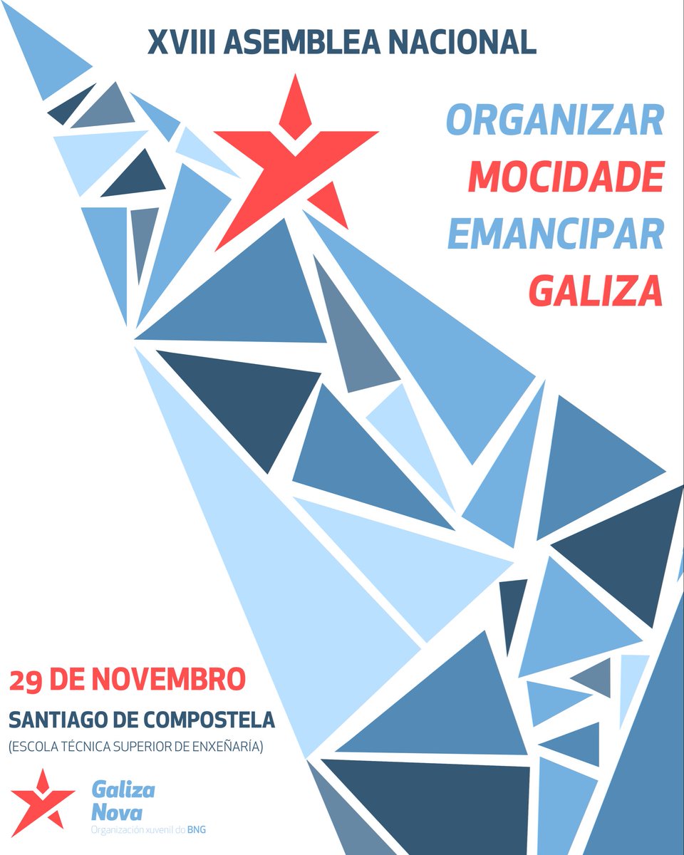 Galiza Nova (@galizanova) on Twitter photo 𝗢𝗥𝗚𝗔𝗡𝗜𝗭𝗔𝗥 𝗠𝗢𝗖𝗜𝗗𝗔𝗗𝗘, 𝗘𝗠𝗔𝗡𝗖𝗜𝗣𝗔𝗥 𝗚𝗔𝗟𝗜𝗭𝗔
O vindeiro sábado 29 de novembro terá lugar a nosa #XVIIIAsembleaNacional en que aprobaremos as liñas de traballo a desenvolver e a nova dirección política para os próximos dous anos. 🔥 𝗢𝗥𝗚𝗔𝗡𝗜𝗭𝗔𝗥 𝗠𝗢𝗖𝗜𝗗𝗔𝗗𝗘, 𝗘𝗠𝗔𝗡𝗖𝗜𝗣𝗔𝗥 𝗚𝗔𝗟𝗜𝗭𝗔
O vindeiro sábado 29 de novembro terá lugar a nosa #XVIIIAsembleaNacional en que aprobaremos as liñas de traballo a desenvolver e a nova dirección política para os próximos dous anos. 🔥
