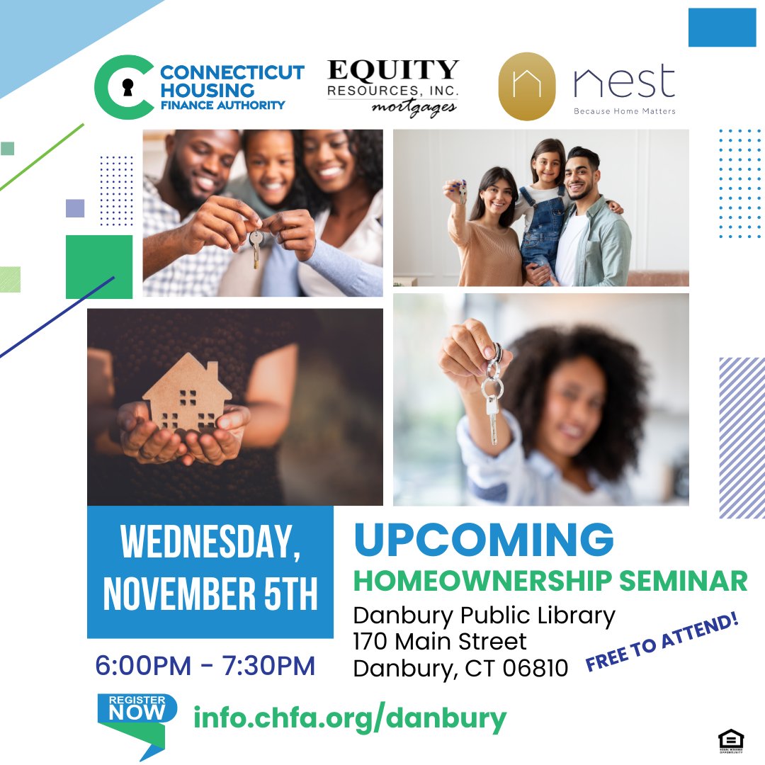 CHFA_RockyHill's tweet image. 🏠 Thinking about buying your first home?

We&apos;re excited to partner with Equity Resources Inc and NEST CT for a FREE Homeownership Seminar at the Danbury Public Library on November 5!

📍 Space is limited — register today: info.chfa.org/danbury

#DanburyEvents #FreeSeminar