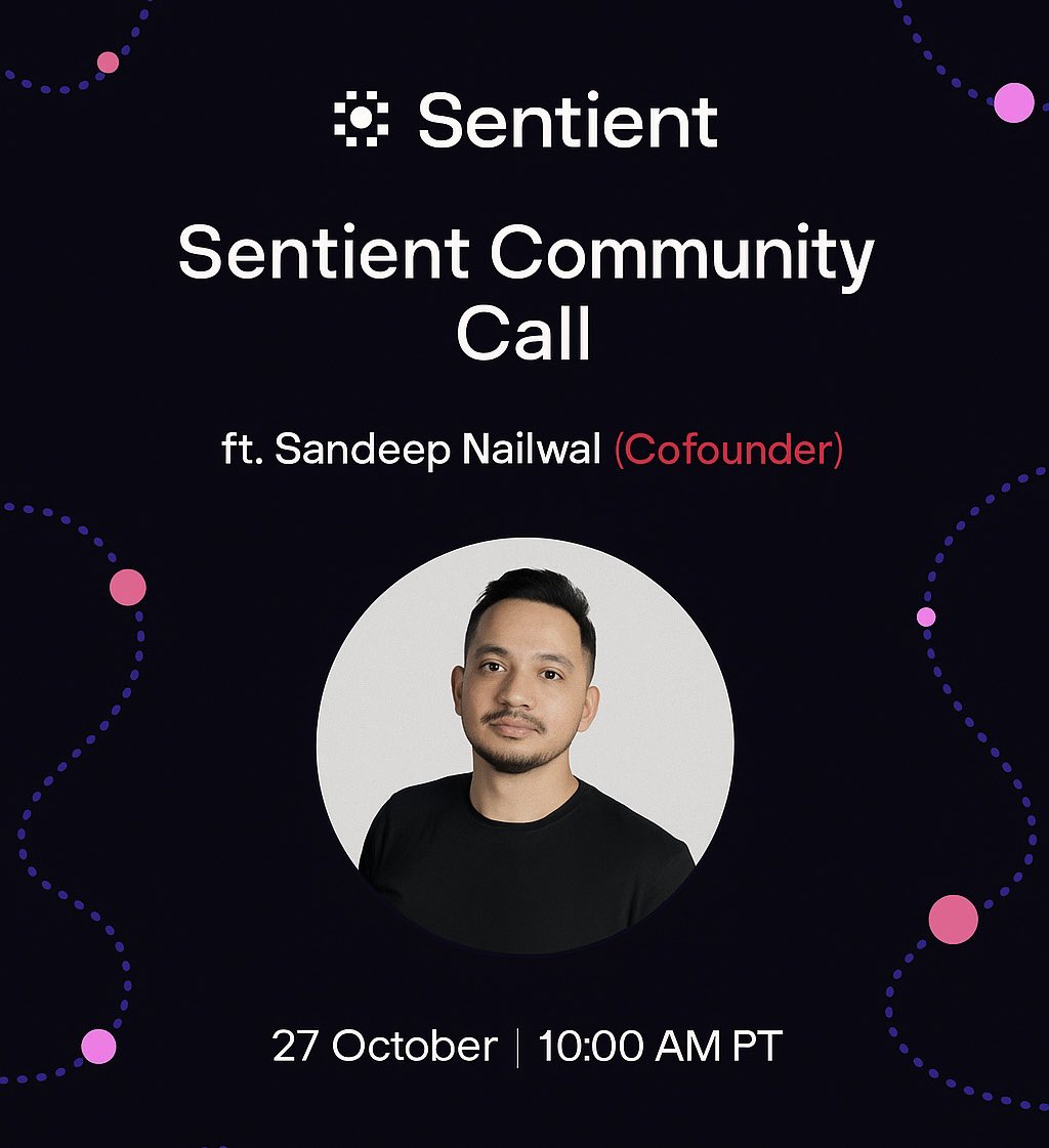 Looks like a big one 👀

<a href="/SentientAI/">Isaac</a> is hosting a live AMA with cofounder <a href="/sandeepnailwal/">Sandeep | CEO, Polygon Foundation (※,※)</a> this October 27th 

He’ll be talking about their open and decentralized AI vision, answering community questions, and sharing what’s next for Sentient.

October 27th
10 AM ET

This one’s