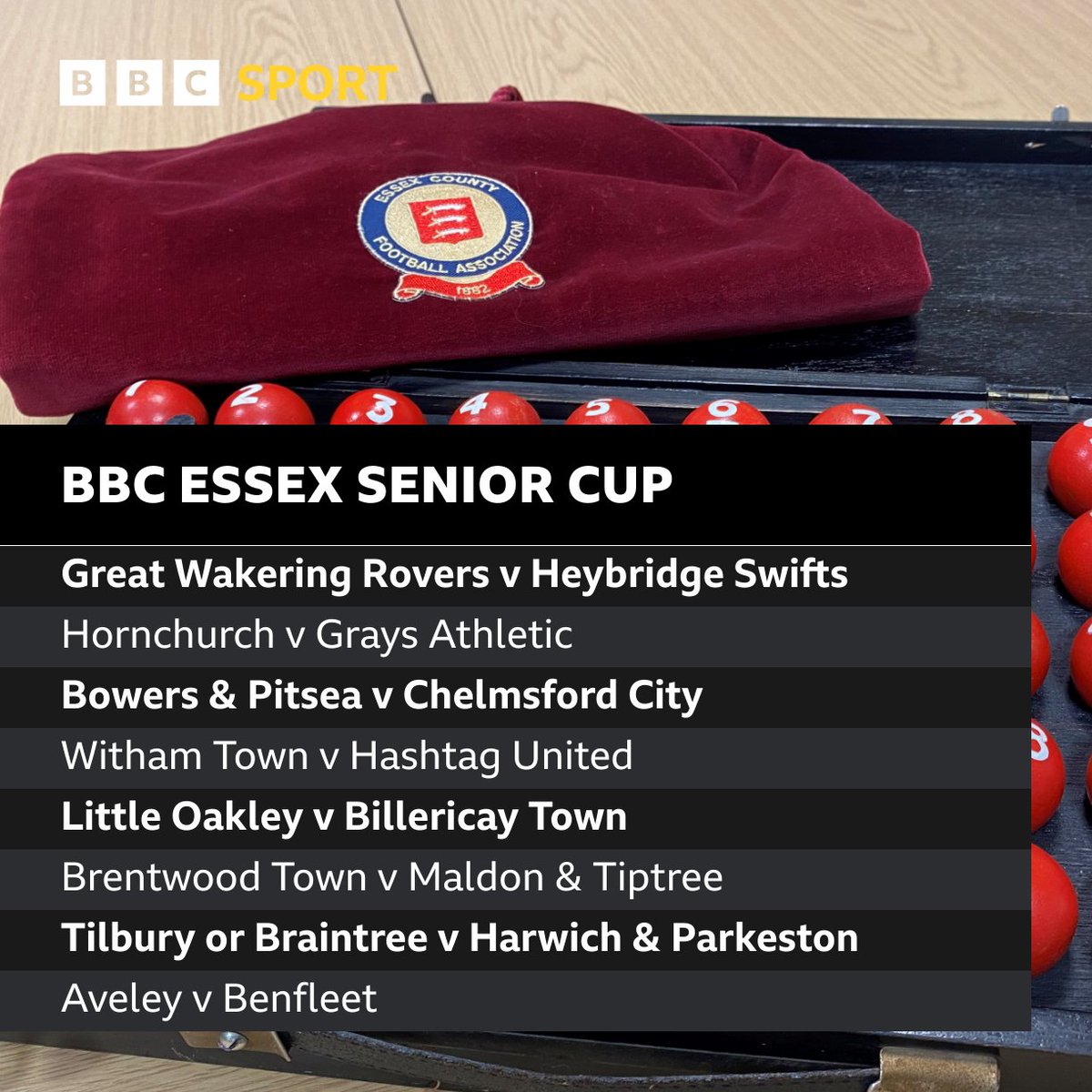 The <a href="/BBCEssexSport/">BBC Sport Essex</a> Fourth Round Draw

<a href="/GWRovers/">Gt Wakering Rovers</a> v Heybridge Swifts
<a href="/LittleOakleyFC/">𝐋𝐢𝐭𝐭𝐥𝐞 𝐎𝐚𝐤𝐥𝐞𝐲 𝐅𝐂</a> v Billericay Town
Tilbury or Braintree v <a href="/OfficialHarwich/">Harwich and Parkeston FC</a> 
Aveley v <a href="/Benfleet_FC/">Benfleet FC</a> 

Full draw below 

#ESL #EssexSeniorCup