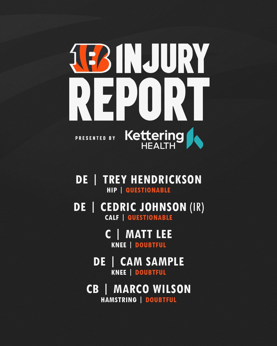Bengals's tweet image. .@KetteringHealth Injury Report for #NYJvsCIN

🔗: go.bengals.com/3Witjk5