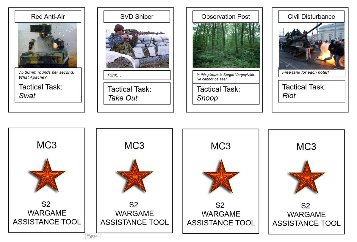 Back in Maneuver Captain's Course, the Wargaming part of COA Development was always fun. According to the instructors, all RedFor moves had to have a tactical task, but we decided they had different doctrine to us. We made these cards to allow more 'fun' in the wargaming process,
