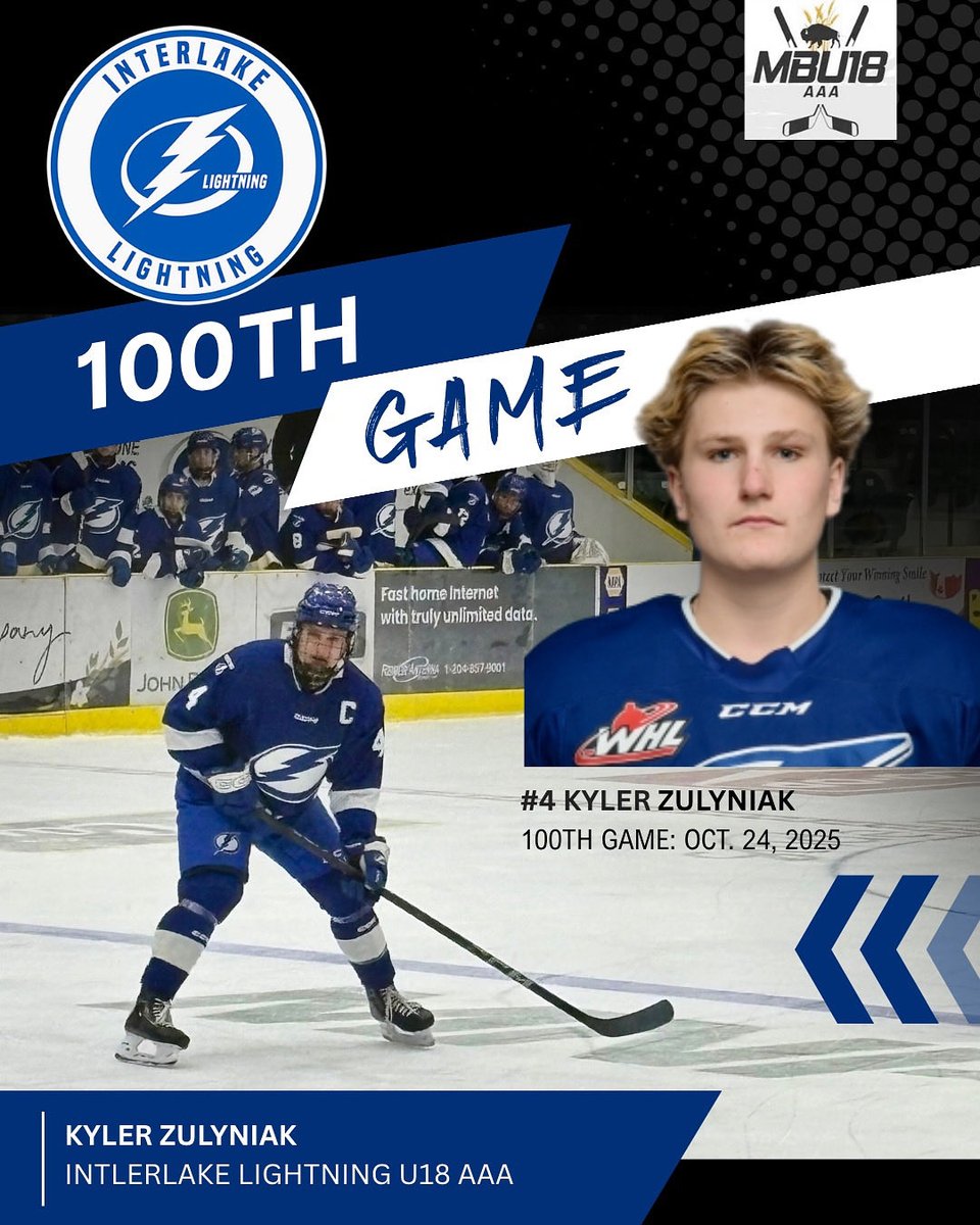 Congratulations to our Captain, Kyler Zulyniak, who will be playing his 100th regular season game with Interlake Lightning U18 AAA tonight! 🏒⚡️Kyler’s dedication has also taken the team through 8 playoff games in previous seasons. #gobolts  #mbu18aaa #mbaaau18