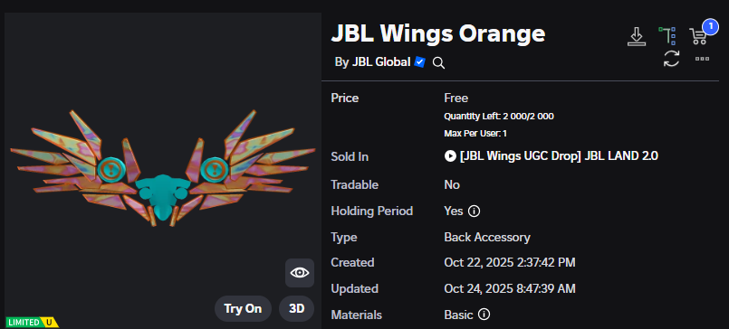 Xh0PlUgc's tweet image. 🔴New limited item &lt;&lt; JBL LAND 2.0 &gt;&gt;
📦Stock: 2,000
❗How to get it: You will need to complete the weekly event and then you will be able to get it.
➡️roblox.com/catalog/139820…
➡️roblox.com/games/99446116…
#Roblox #RobloxDev #RobloxFreeUGC #RobloxUGCLimited