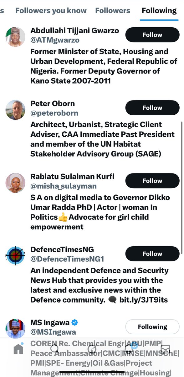 This handle 👉<a href="/fmhud_ng/">Federal Ministry of Housing and Urban Development</a>, follows only 13 handles, and mostly they are enemies of this government. 

The handle even follows the agulu 
fr😱ud Peter Obi and never deems it fit to follow President Tinubu and those working with the president except the minister <a href="/Arch_Dangiwa/">Arc Ahmed Dangiwa</a>. 

The