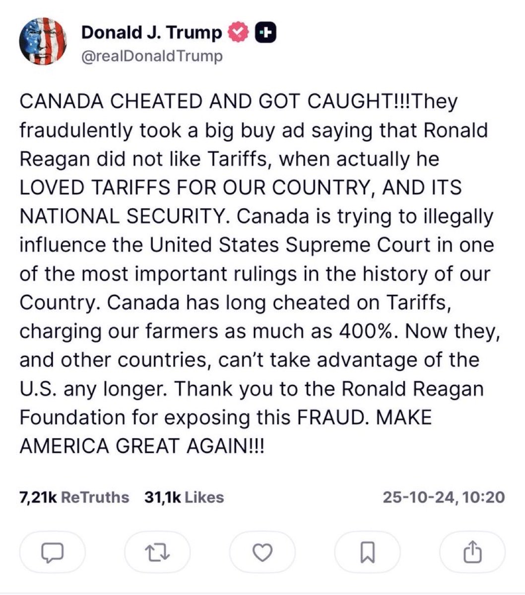分析：特朗普再次发帖以严重误导的的说法攻击加拿大。他的贴文说：加拿大作弊并且被抓了现行！！！他们虚假投放了一则大型广告，声称罗纳德·里根不喜欢关税，但实际上他热爱关税……加拿大长期在关税问题上作弊，对我们的农民征收高达400%的关税。现在，他们和其他国家再也无法占美国便宜了