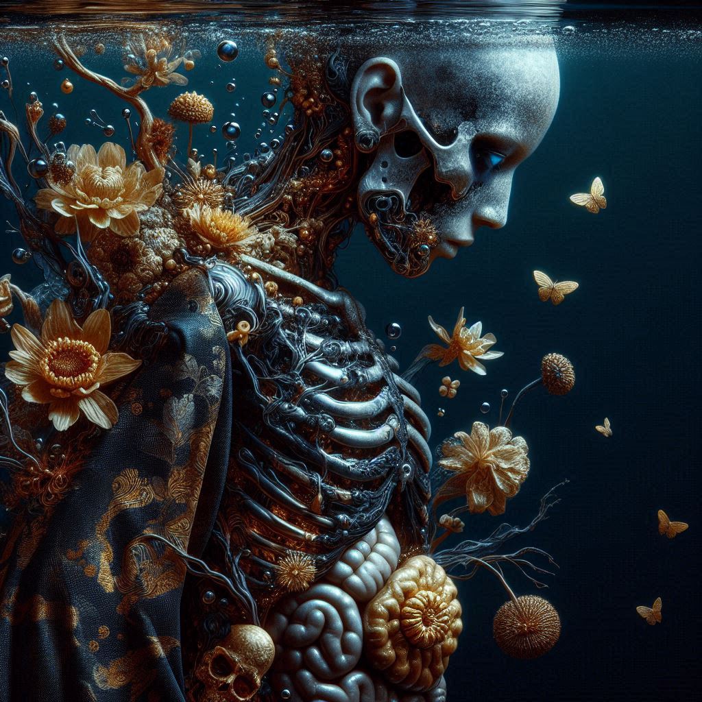 quartlime's tweet image. 「沈潜する有機構造」
*— Structura Organica Submersa

水中に沈む身体は、生命の残響を抱えた系譜的構造体。
神経と花弁が絡み合い、死後も代謝を続けるかのようだ。
腐敗と再生の境界は、ここでは一つのプロセスに還元される。

#AIart #posthuman #biophilosophy

AI txt