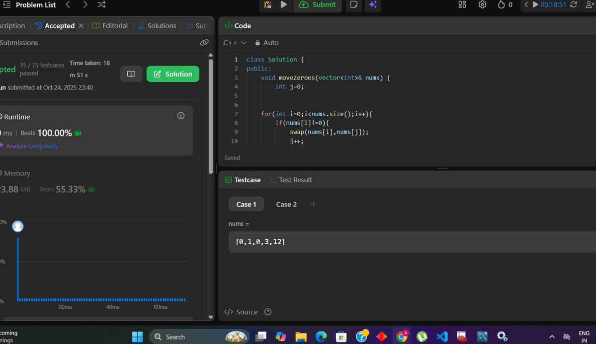 coutttHellow's tweet image. Day 4
Solved medium array problem of moveZeros on leetcode. First tried out the brute force approach then went on to find the optimal one.
#100daysofcodingchallenge